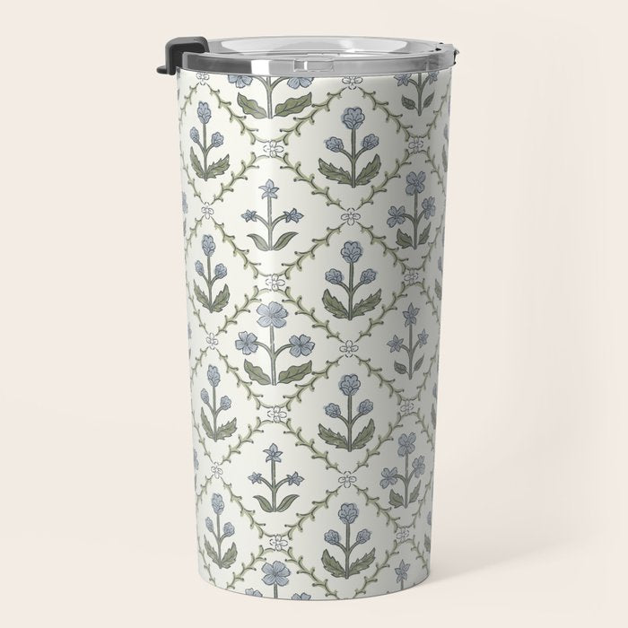 Lattice Block Print Floral - Blue Green Travel Mug Gallery Image 3