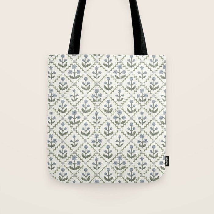 Lattice Block Print Floral - Blue Green Tote Bag Gallery Image 1