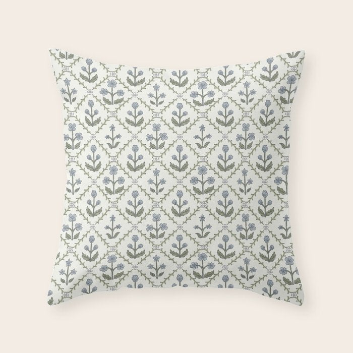 Lattice Block Print Floral - Blue Green Throw Pillow Gallery Image 6