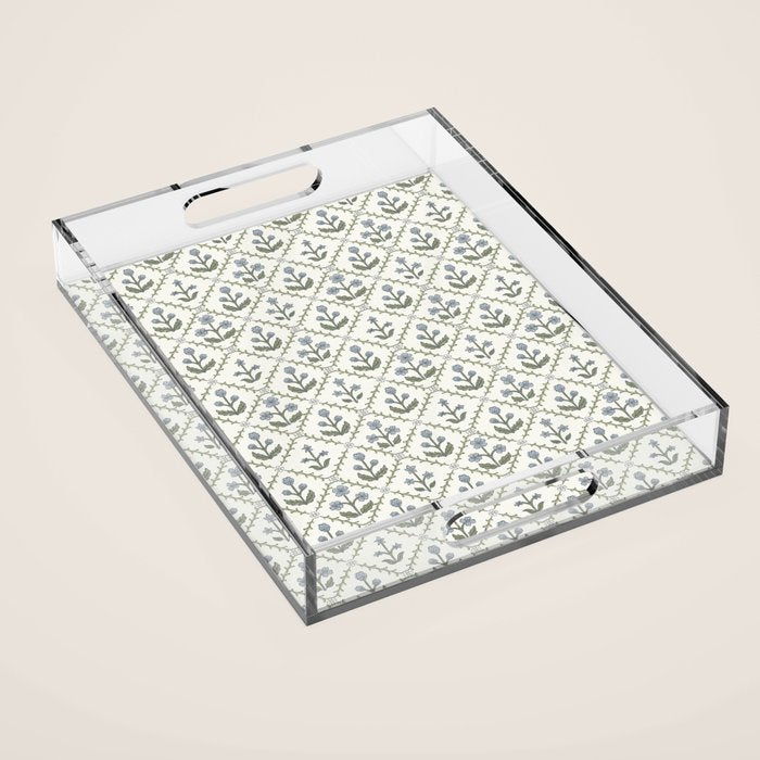 Lattice Block Print Floral - Blue Green Acrylic Tray Gallery Image 1