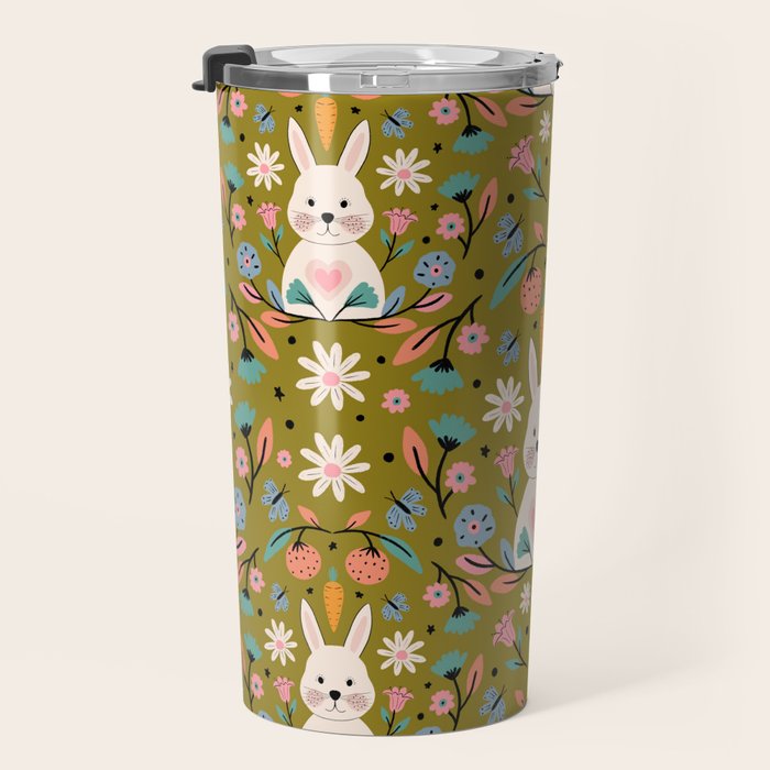 Bunny In The Garden - Ocre pattern  Travel Mug Gallery Image 3