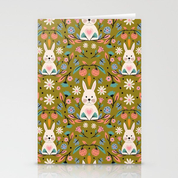 Bunny In The Garden - Ocre pattern  Stationery Card Gallery Image 1