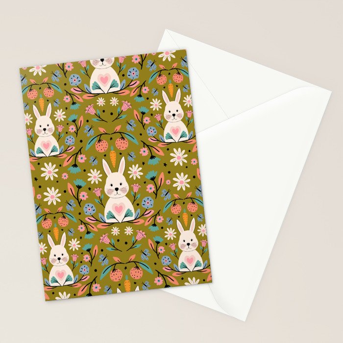Bunny In The Garden - Ocre pattern  Stationery Card Gallery Image 2