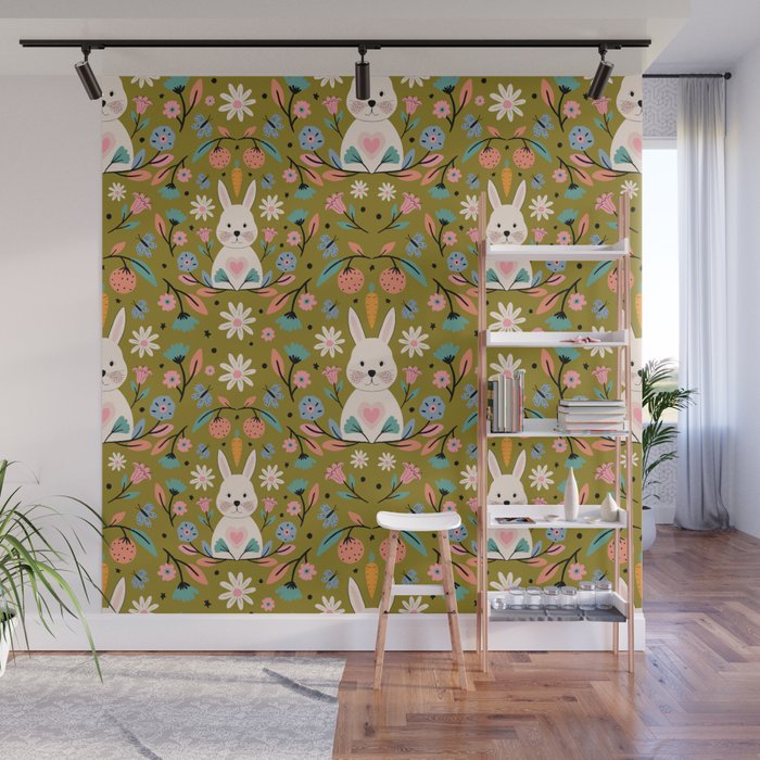 Bunny In The Garden - Ocre pattern  Wall Mural Gallery Image 1