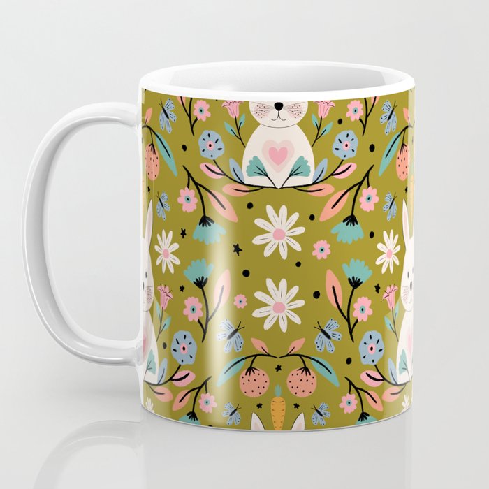 Bunny In The Garden - Ocre pattern  Coffee Mug Gallery Image 3