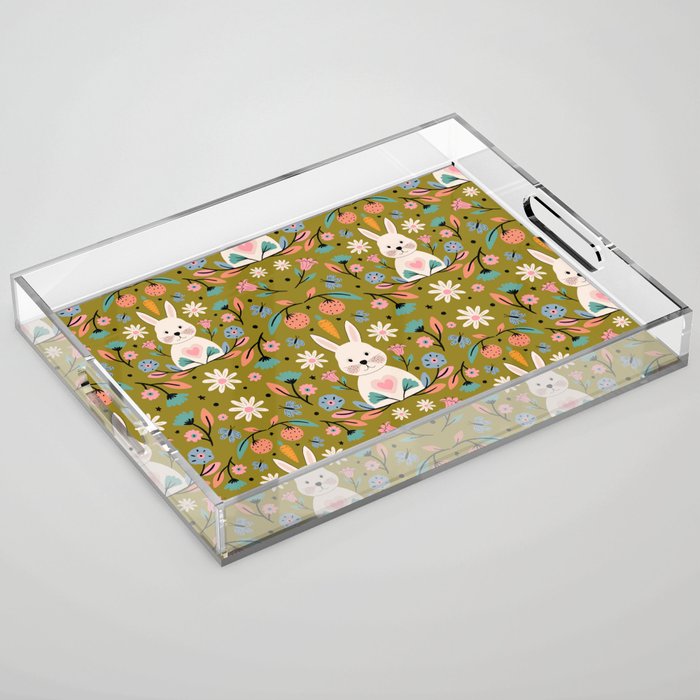 Bunny In The Garden - Ocre pattern  Acrylic Tray Gallery Image 1