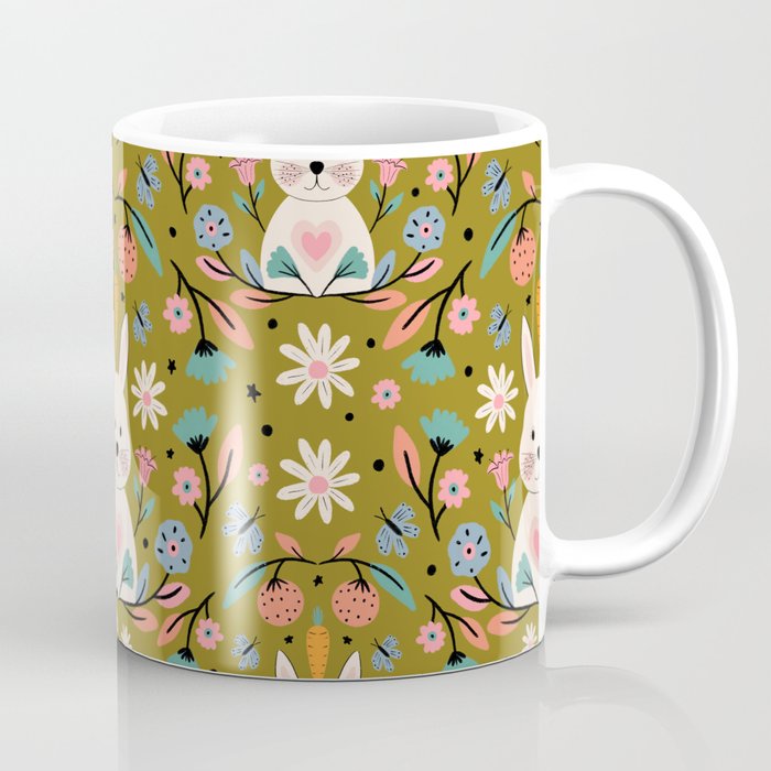Bunny In The Garden - Ocre pattern  Coffee Mug Gallery Image 1