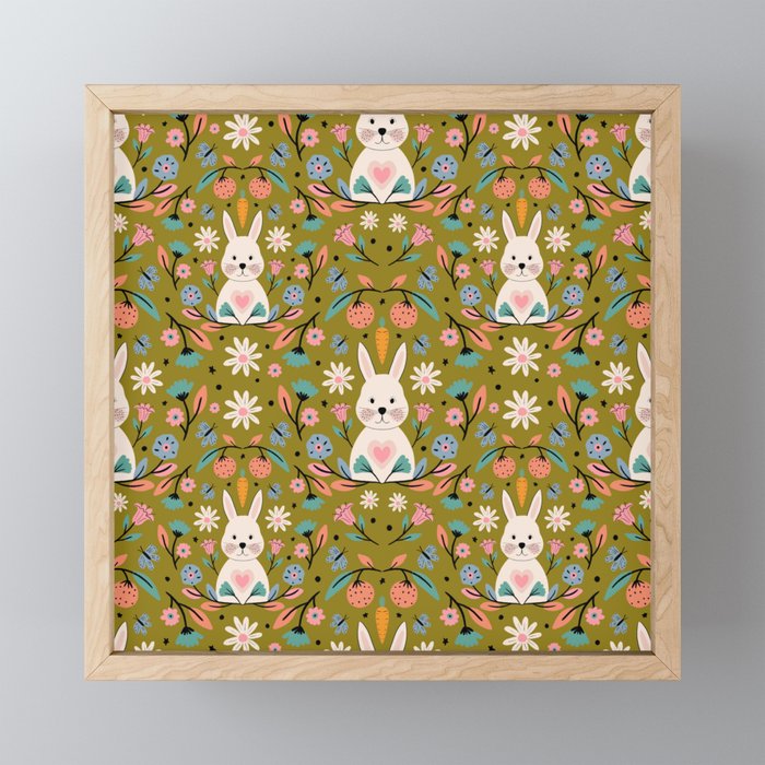 Bunny In The Garden - Ocre pattern  Mini Art Print Gallery Image 1