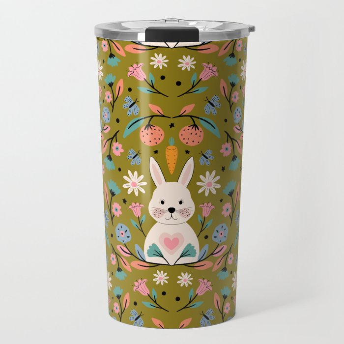 Bunny In The Garden - Ocre pattern  Travel Mug Gallery Image 1
