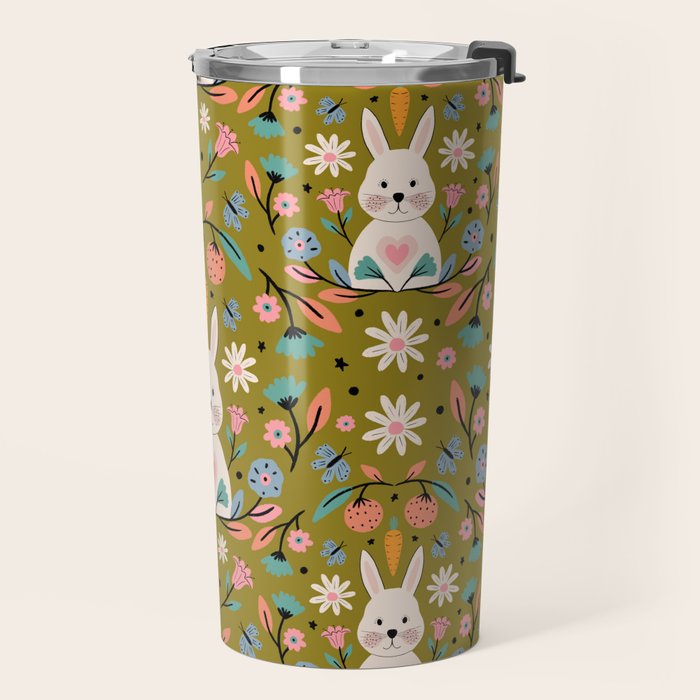 Bunny In The Garden - Ocre pattern  Travel Mug Gallery Image 2