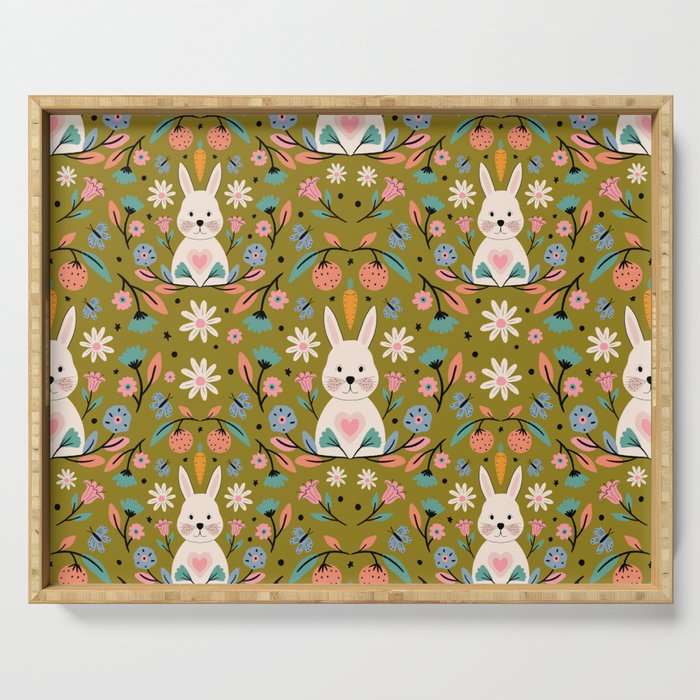 Bunny In The Garden - Ocre pattern  Serving Tray Gallery Image 1