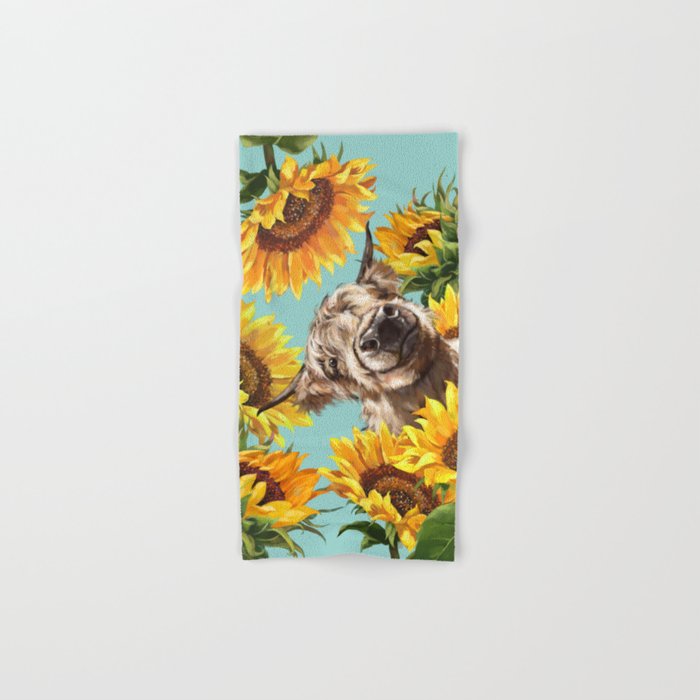Highland Cow with Sunflowers in Blue Hand & Bath Towel Gallery Image 1