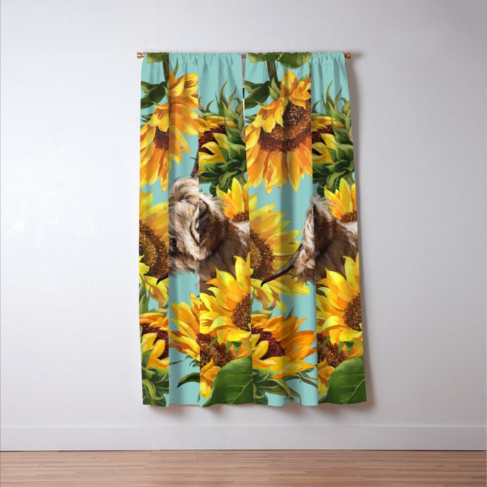 Highland Cow with Sunflowers in Blue Window Curtain Gallery Image 3