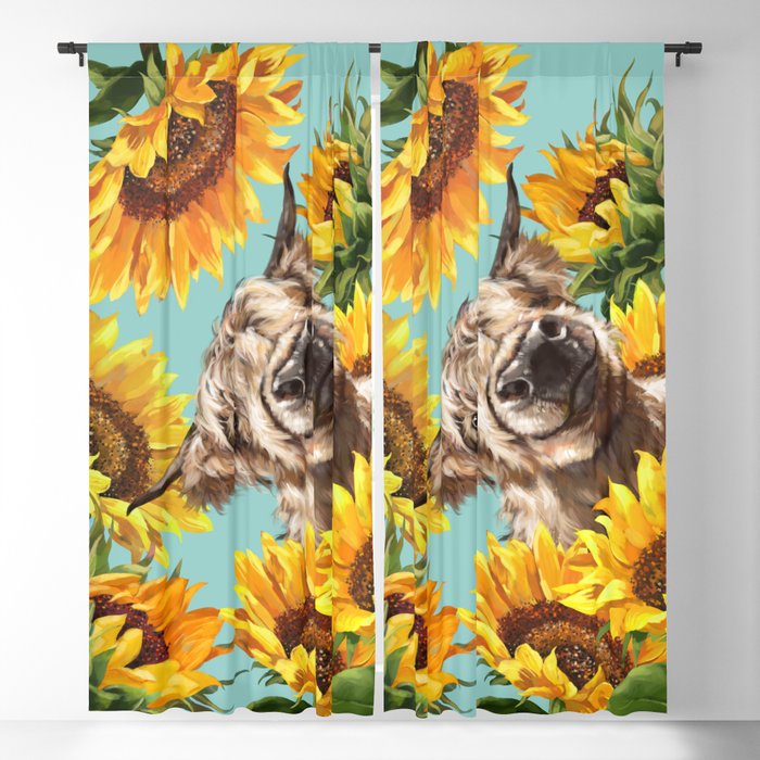 Highland Cow with Sunflowers in Blue Window Curtain Gallery Image 5