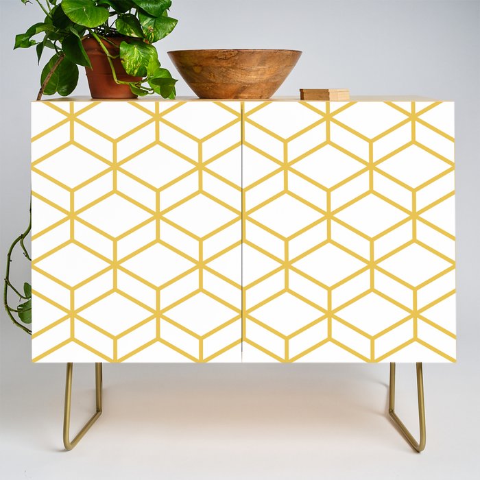 Geometric Honeycomb Lattice in Mustard Yellow and White. Modern Clean Minimalist Credenza Gallery Image 1