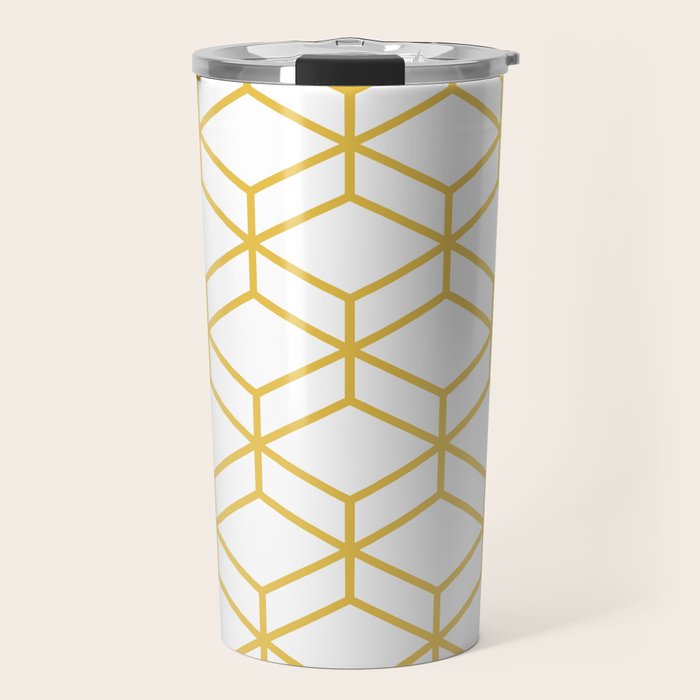 Geometric Honeycomb Lattice in Mustard Yellow and White. Modern Clean Minimalist Travel Mug Gallery Image 1