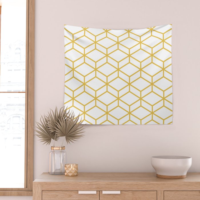 Geometric Honeycomb Lattice in Mustard Yellow and White. Modern Clean Minimalist Wall Tapestry Gallery Image 2