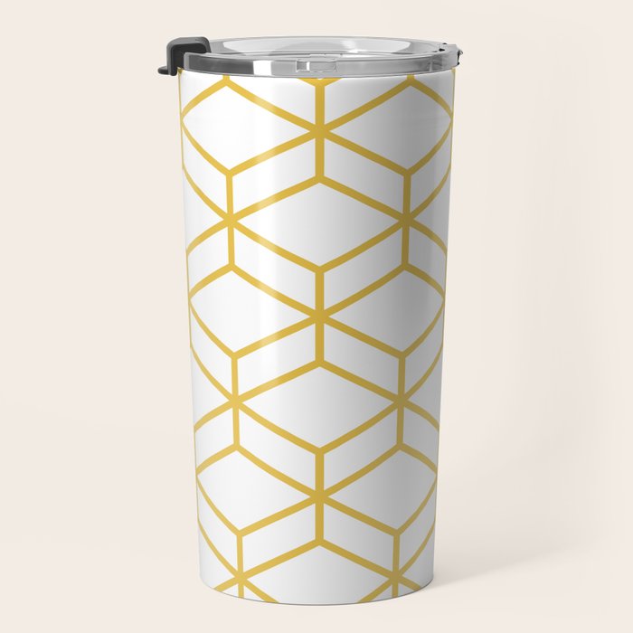 Geometric Honeycomb Lattice in Mustard Yellow and White. Modern Clean Minimalist Travel Mug Gallery Image 3