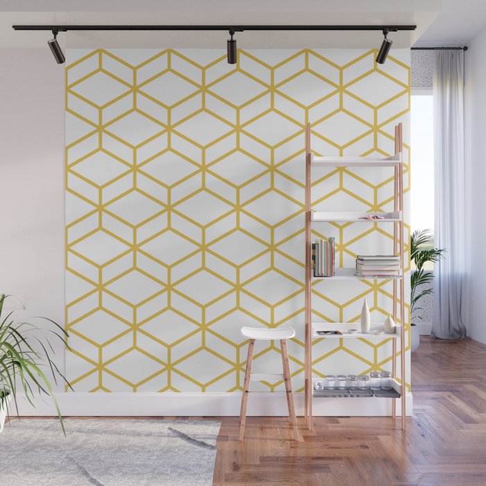 Geometric Honeycomb Lattice in Mustard Yellow and White. Modern Clean Minimalist Wall Mural Gallery Image 1