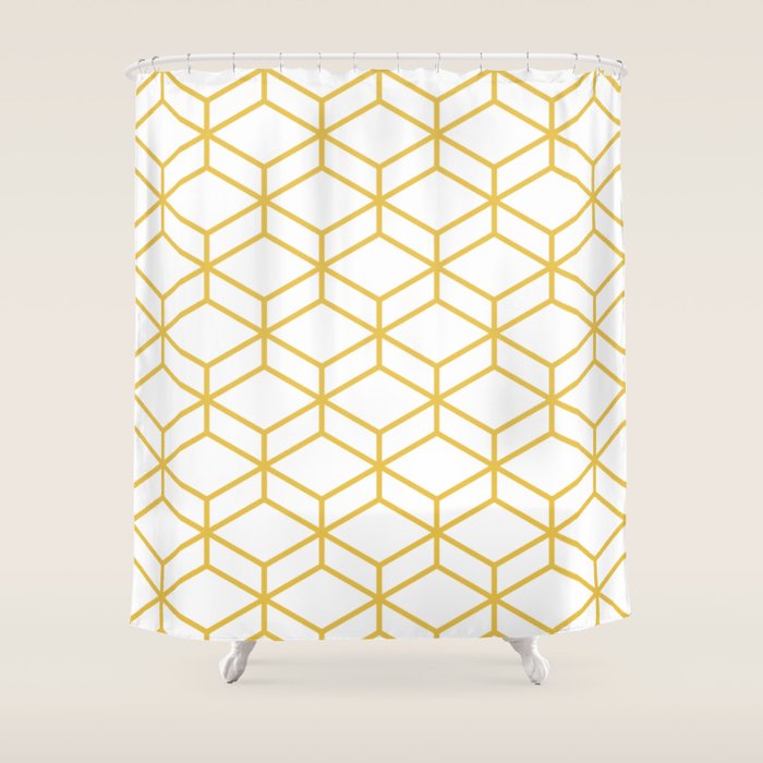 Geometric Honeycomb Lattice in Mustard Yellow and White. Modern Clean Minimalist Shower Curtain Gallery Image 1