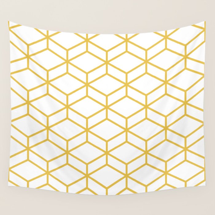 Geometric Honeycomb Lattice in Mustard Yellow and White. Modern Clean Minimalist Wall Tapestry Gallery Image 1