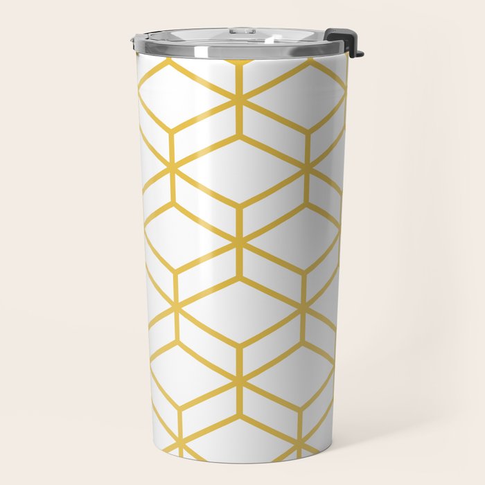 Geometric Honeycomb Lattice in Mustard Yellow and White. Modern Clean Minimalist Travel Mug Gallery Image 2