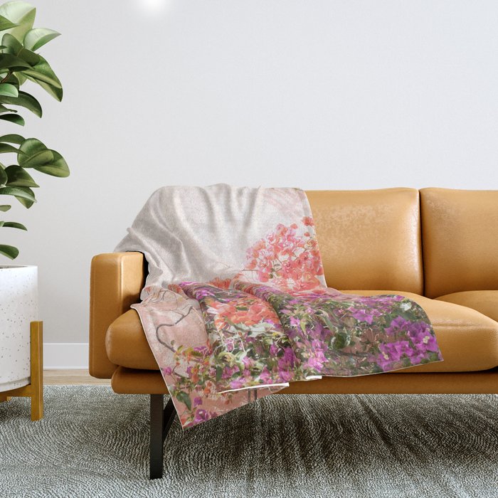 Bougainvillea Flowers in Color | Pink Wall in Cascais Art Print | Floral Travel Photography in Portugal Throw Blanket Gallery Image 1