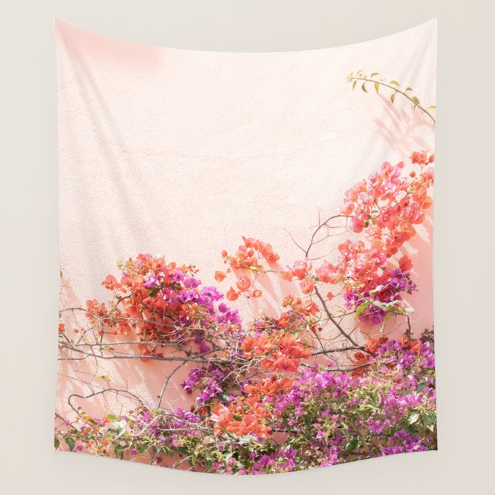 Bougainvillea Flowers in Color | Pink Wall in Cascais Art Print | Floral Travel Photography in Portugal Wall Tapestry Gallery Image 1