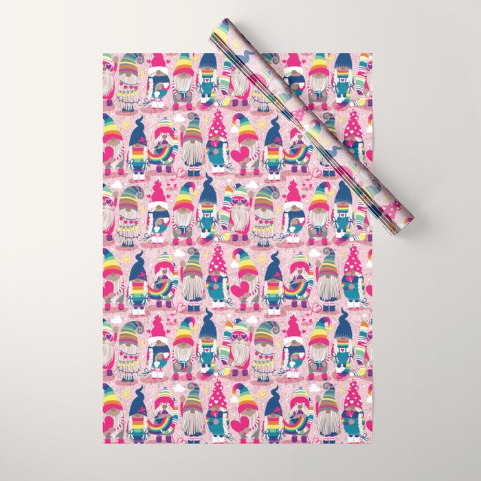 I gnome you // pastel pink background little happy and lovely gnomes with rainbows fuchsia pink hearts Wrapping Paper Gallery Image 1