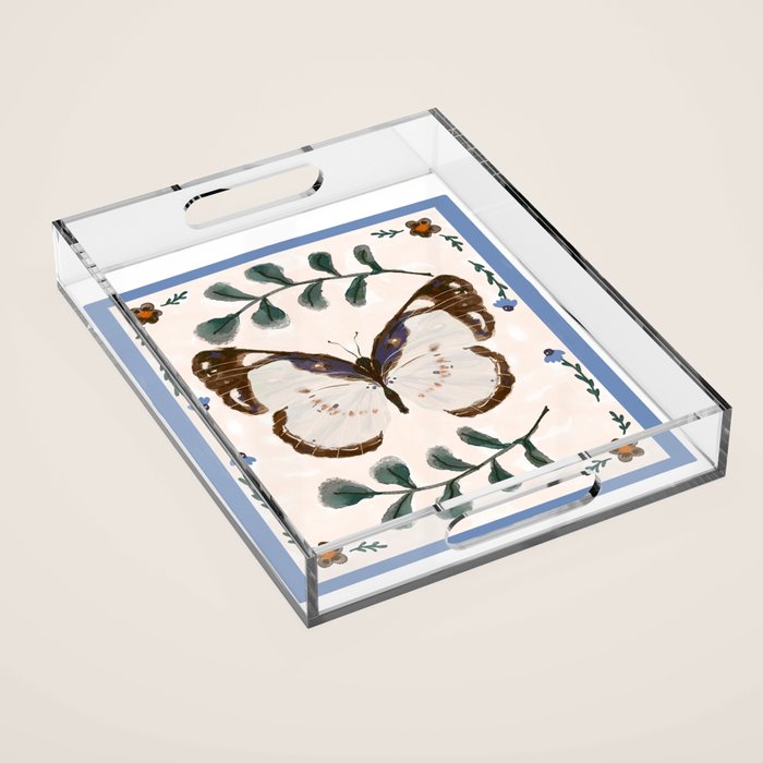 Elegant Watercolor Butterfly with Botanical Frame Acrylic Tray Gallery Image 1