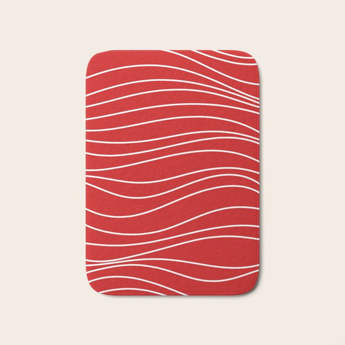 Line Waves in Bright Red and White - Minimalist Abstract Pattern Bath Mat Gallery Image 1