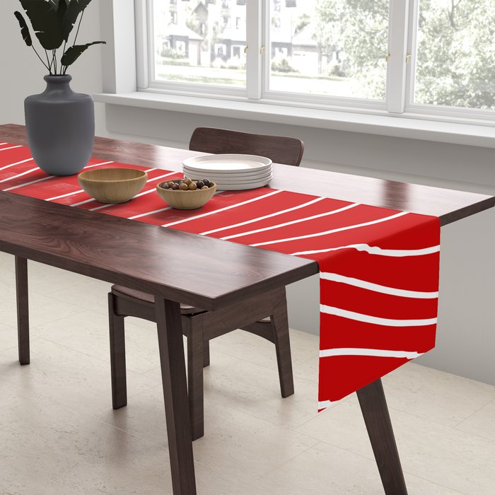 Line Waves in Bright Red and White - Minimalist Abstract Pattern Table Runner Gallery Image 2