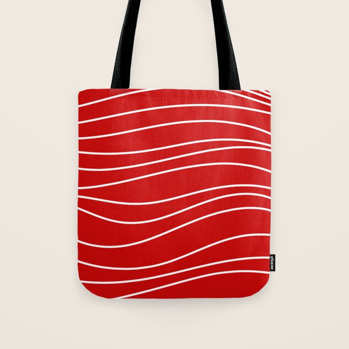 Line Waves in Bright Red and White - Minimalist Abstract Pattern Tote Bag Gallery Image 1