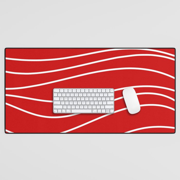 Line Waves in Bright Red and White - Minimalist Abstract Pattern Desk Mat Gallery Image 1