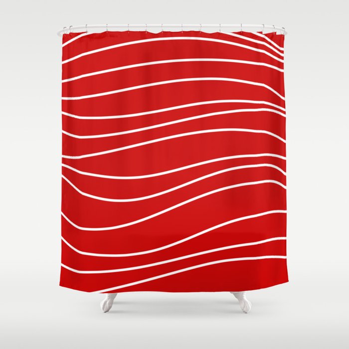 Line Waves in Bright Red and White - Minimalist Abstract Pattern Shower Curtain Gallery Image 1