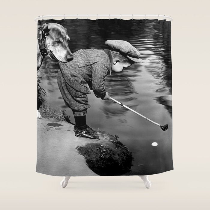 Boy and Dog Playing Golf Vintage Black and White Art Shower Curtain Gallery Image 1