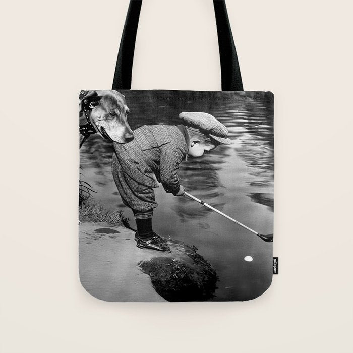 Boy and Dog Playing Golf Vintage Black and White Art Tote Bag Gallery Image 1