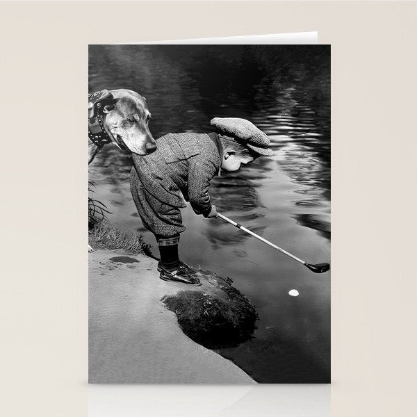 Boy and Dog Playing Golf Vintage Black and White Art Stationery Card Gallery Image 2