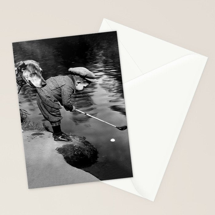 Boy and Dog Playing Golf Vintage Black and White Art Stationery Card Gallery Image 2