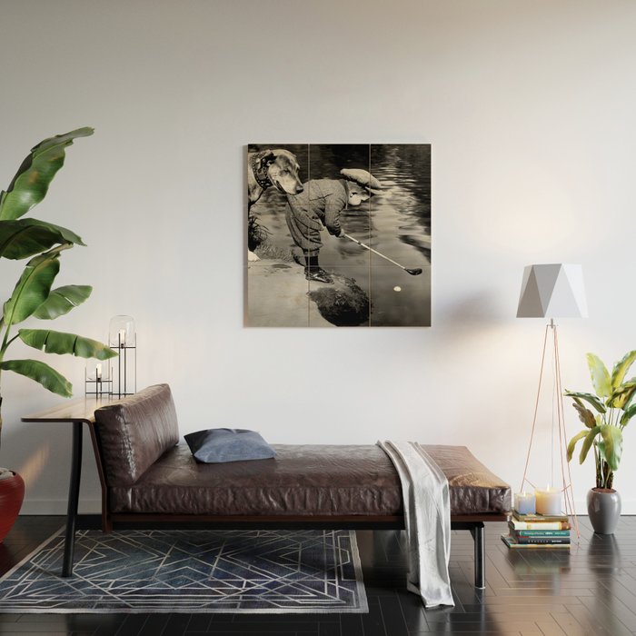 Boy and Dog Playing Golf Vintage Black and White Art Wood Wall Art Gallery Image 2