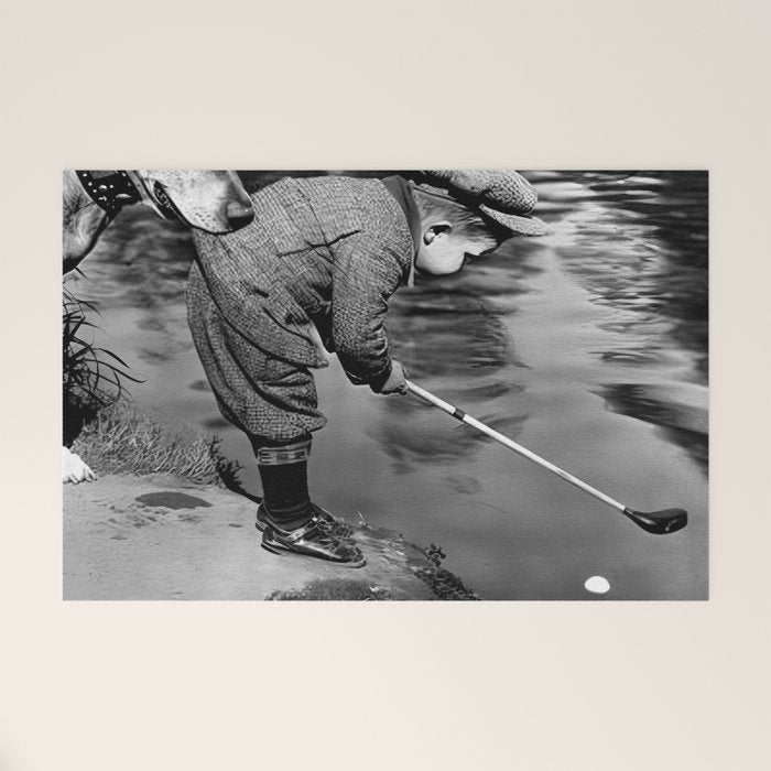 Boy and Dog Playing Golf Vintage Black and White Art Welcome Mat Gallery Image 1