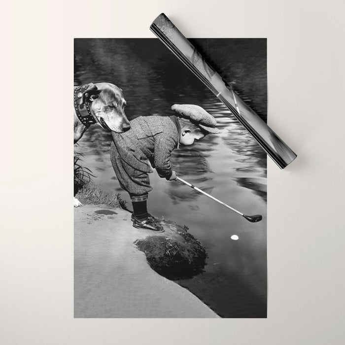 Boy and Dog Playing Golf Vintage Black and White Art Wrapping Paper Gallery Image 1