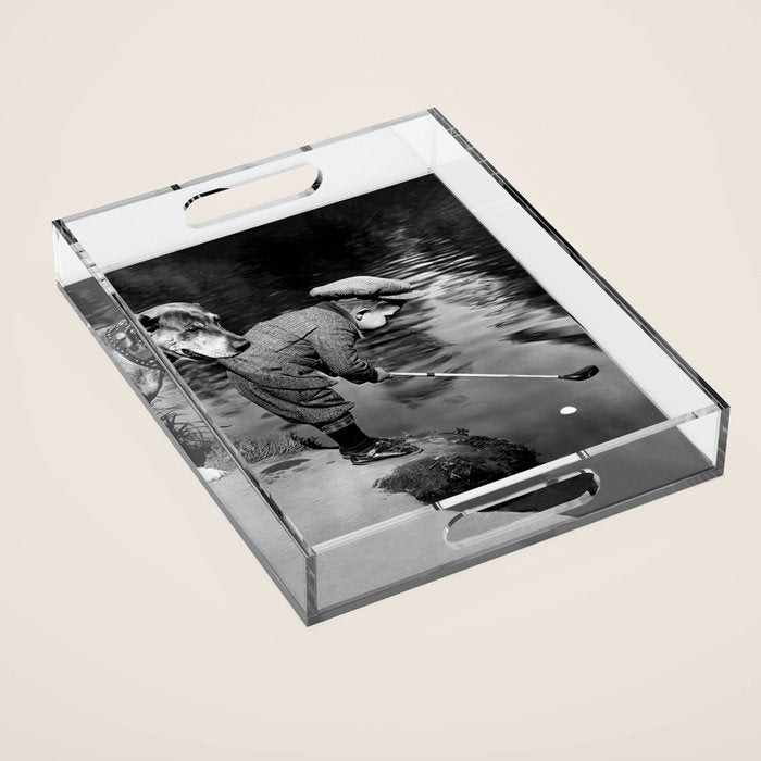 Boy and Dog Playing Golf Vintage Black and White Art Acrylic Tray Gallery Image 1