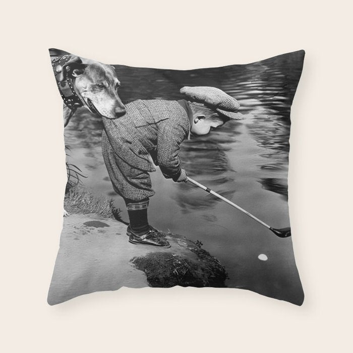 Boy and Dog Playing Golf Vintage Black and White Art Throw Pillow Gallery Image 1