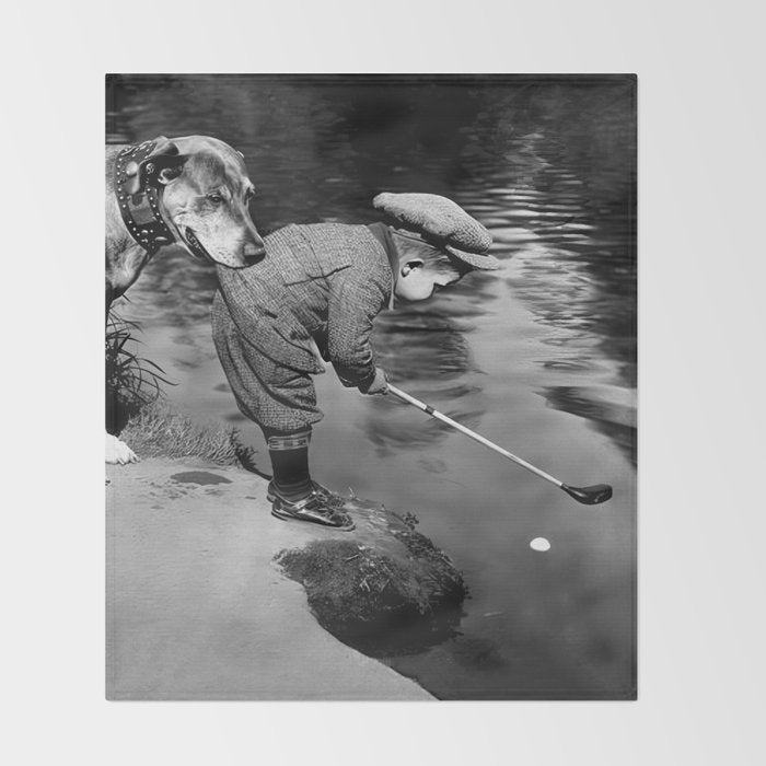 Boy and Dog Playing Golf Vintage Black and White Art Throw Blanket Gallery Image 2