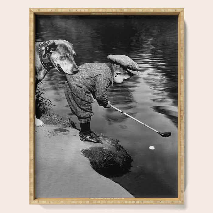 Boy and Dog Playing Golf Vintage Black and White Art Serving Tray Gallery Image 1