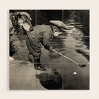 Boy and Dog Playing Golf Vintage Black and White Art Wood Wall Art Gallery Image 1