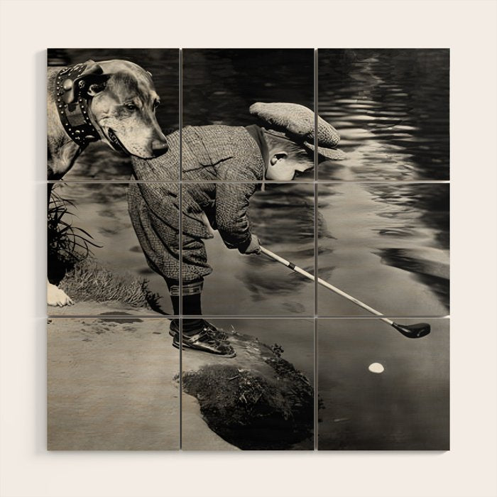 Boy and Dog Playing Golf Vintage Black and White Art Wood Wall Art Gallery Image 1