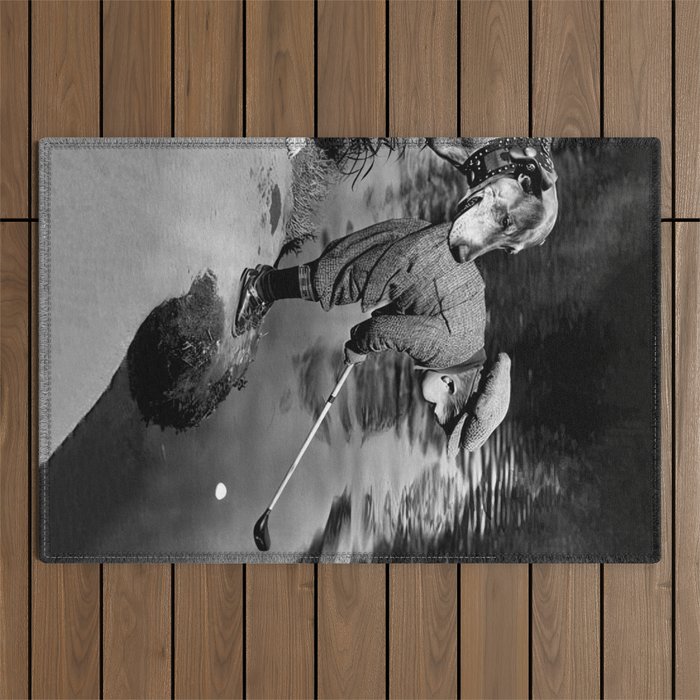 Boy and Dog Playing Golf Vintage Black and White Art Outdoor Rug Gallery Image 1