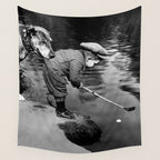 Boy and Dog Playing Golf Vintage Black and White Art Wall Tapestry Gallery Image 4